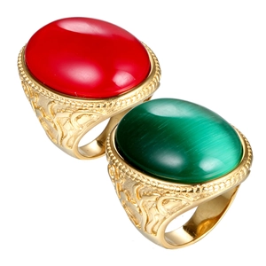 Men Retro Stainless Steel Ring 18K Gold Plated Red Green Rhinestone Geometric Relief Vintage Fashion Band Ring Jewelry