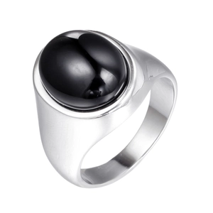 Polished silver stainless steel men's ring featuring a large oval black onyx gemstone