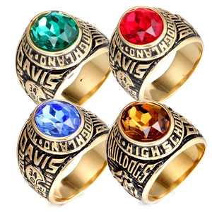 Vintage Stainless Steel Military Navy Anchor Signet Ring For Men Big Rhinestone High School Bulldogs Commemorative Jewelry Ring