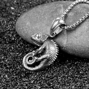Retro stainless steel chameleon pendant necklace with detailed lizard textures on a box chain