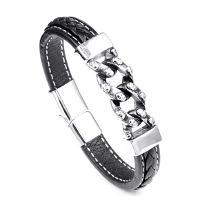 Bracciale Punk con Teschio in Acciaio Inossidabile da Uomo Pelle Intrecciata Nera Doppia Catena Chiusura Magnetica Gioielli Hip Hop