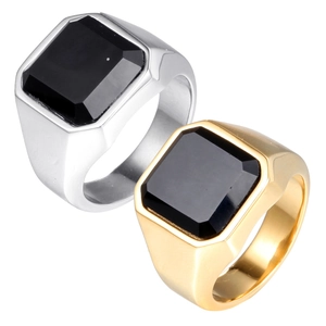 Vintage Men's Stainless Steel Square Black Rhinestone Signet Ring Polished Fashion Jewelry Accessory Gift For Men