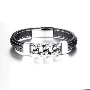 Bracciale da uomo in pelle con maglie a teschio in acciaio inossidabile e chiusura magnetica