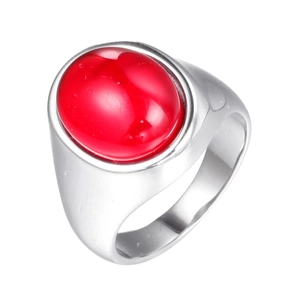 Men's stainless steel ring with a large red oval gemstone on a silver metal band