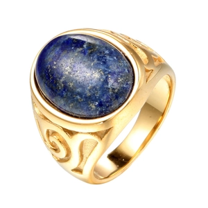 Vintage Herrenring aus vergoldetem Edelstahl mit ovalem blauem Lapislazuli Edelstein