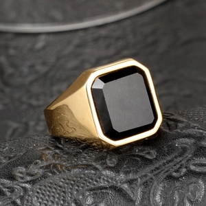 Classic men's gold titanium steel signet ring featuring a square black gemstone inlay