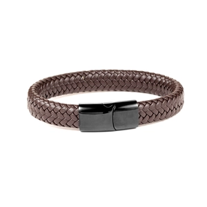 Detail of dark brown braided leather bracelet with a sleek black magnetic clasp