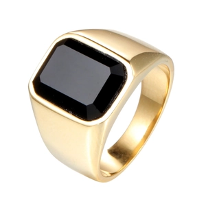 Polished gold signet ring for men featuring a large rectangular black onyx gemstone