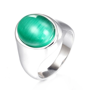 Polished stainless steel ring for men featuring a large green cat eye gemstone inlay
