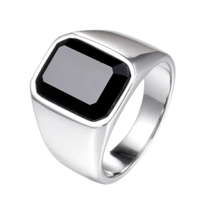 Vintage Stainless Steel Black Rhinestone Ring For Men Geometric Square Signet Ring Business Style Fashion Finger Jewelry