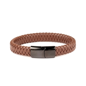 Braided brown leather bracelet for men featuring a gunmetal magnetic clasp on white background