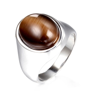 Men's silver stainless steel ring featuring a large oval brown tiger eye gemstone stone