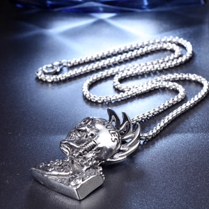 Punk style skull head pendant necklace with Rules engraving and round box chain