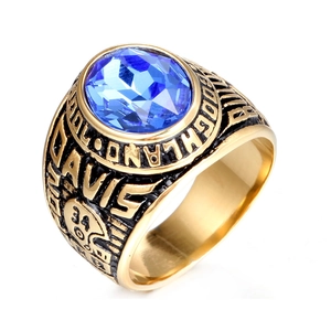 Men's gold-plated navy anchor ring with large blue oval gemstone and embossed details