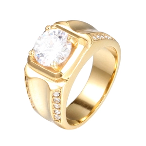 Men's gold-plated titanium ring with large round white zircon and side accent stones