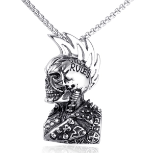 Punk rock mohawk skull pendant necklace in stainless steel with Ghetto Rules engraving