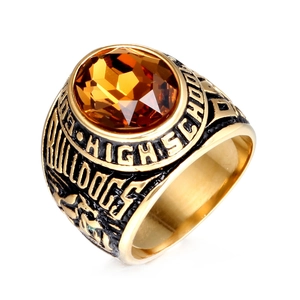 Vintage golden high school bulldogs ring with amber gemstone and navy anchor details