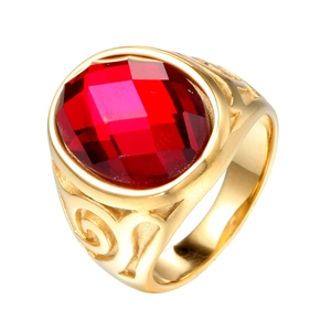 Herrenring aus Titanstahl im Vintage-Stil mit großem rotem Edelstein und Goldgravur