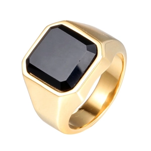 Polished gold titanium steel ring for men featuring a large square black gemstone