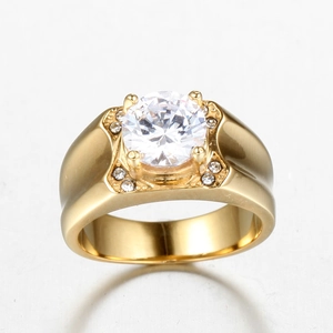 Bague de mariage pour homme en titane doré avec un grand oxyde de zirconium rond