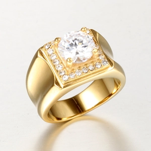 Men's gold titanium ring featuring a wall pattern with central zircon and pavé setting