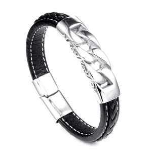 Men's Braided Leather Stainless Steel Bracelet Hand-woven Cowhide Bangle With Metal Chain Decoration Fashion Casual Jewelry For Men Gift