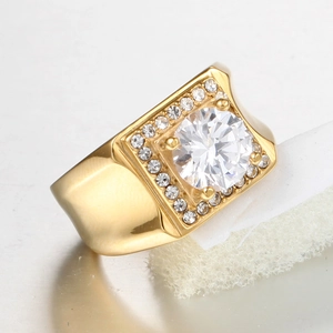 Gold titanium ring for men featuring a large round zircon and wall pattern design