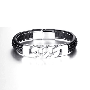 Men's braided black leather bracelet with textured stainless steel links and magnetic clasp