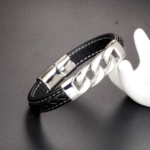 Men's braided black leather bracelet with polished silver chain links and magnetic clasp