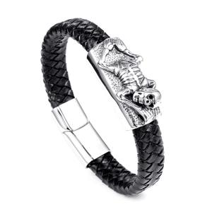Men's Punk Braided Leather Bracelet With Stainless Steel Skull Ornament Magnetic Clasp Vintage Biker Style Jewelry