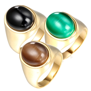 Titanium Steel Oval Artificial Cat's Eye Stone Signet Ring Vintage Polished Geometric Band Ring For Women Men Fashion Jewelry