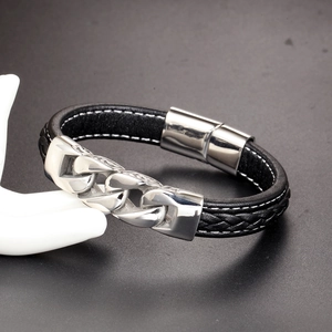 Men's braided leather bracelet with stainless steel chain and magnetic buckle