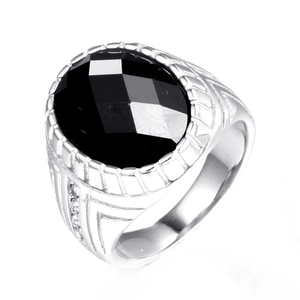 Anillo Vintage para Hombre de Acero Inoxidable con Piedra Ovalada Incrustada Banda Grabada Geométrica Joyería de Moda
