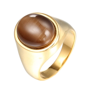 Minimalist titanium steel ring in gold with oval cat-eye stone inlay and vintage finish
