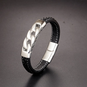 Men's braided black leather bracelet with vintage engraved steel chain links