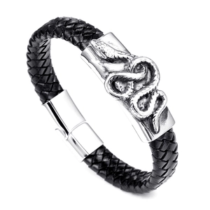 Retro Punk Braided Leather Bracelet For Men Women Titanium Steel Snake Charm Gothic Streetwear Fashion Jewelry Wristband Gift