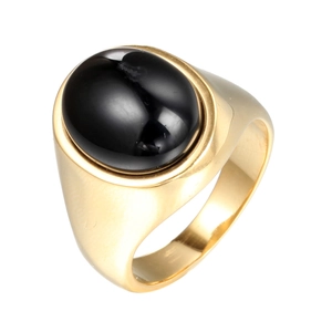 Chic vintage style wide gold titanium ring featuring a large oval black opal gemstone