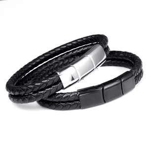 Men's Adjustable Stainless Steel Braided Leather Rope Bracelet Fashion Casual Industrial Double Layer Cord Wristband Jewelry