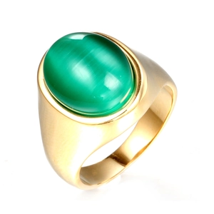 Men's titanium steel ring with large green cat eye stone and polished gold finish