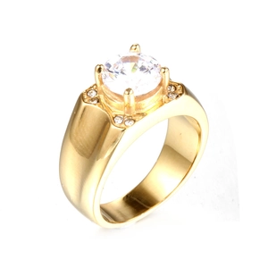 Bague tendance pour homme en acier titane doré avec une grande pierre en zircon