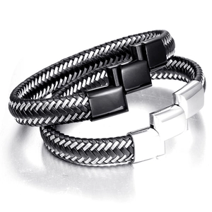 Men's braided leather bracelet set with magnetic titanium steel clasp in black and silver