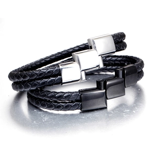 Men's double-wrap black braided leather bracelet with adjustable stainless steel buckle
