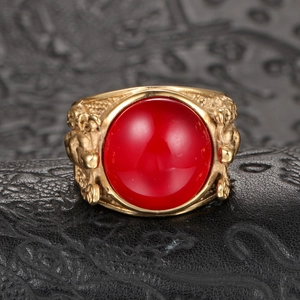 Vintage men's gold plated stainless steel ring with large red gemstone and relief carving