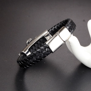 Vintage braided black leather snake bracelet with polished stainless steel clasp for men
