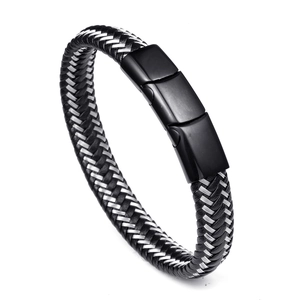 Men's braided black leather bracelet with silver wire details and matte steel clasp