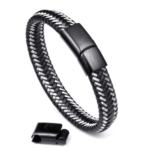 Men's punk leather and steel wire braided bracelet with adjustable matte black clasp