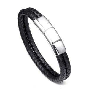 Men's double-layer braided black leather bracelet with adjustable silver magnetic clasp