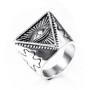 Macro detail of vintage stainless steel All-Seeing Eye ring with textured relief finish
