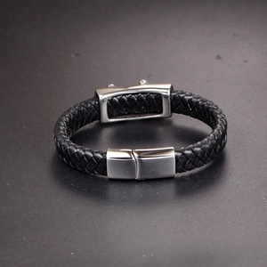 Men's black braided leather bracelet with silver stainless steel magnetic clasp buckle
