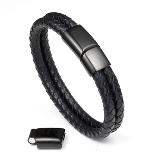 Black braided leather bracelet for men with double-layer design and adjustable steel clasp